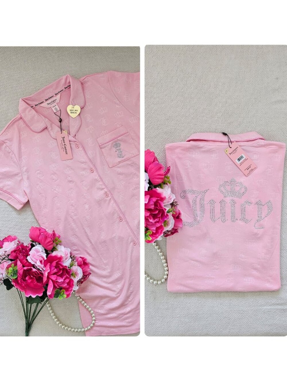 NWT Juicy Couture Pink Logo Embossed Sleep Shirt Nightgown M